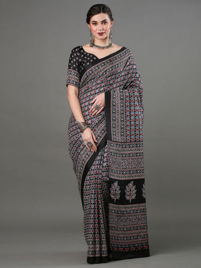 Buy Indra Black Silk Blend Block Print Ajrakh One Minute Saree Online