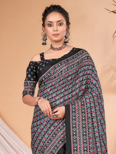 Buy Indra Black Silk Blend Block Print Ajrakh One Minute Saree Online - Back