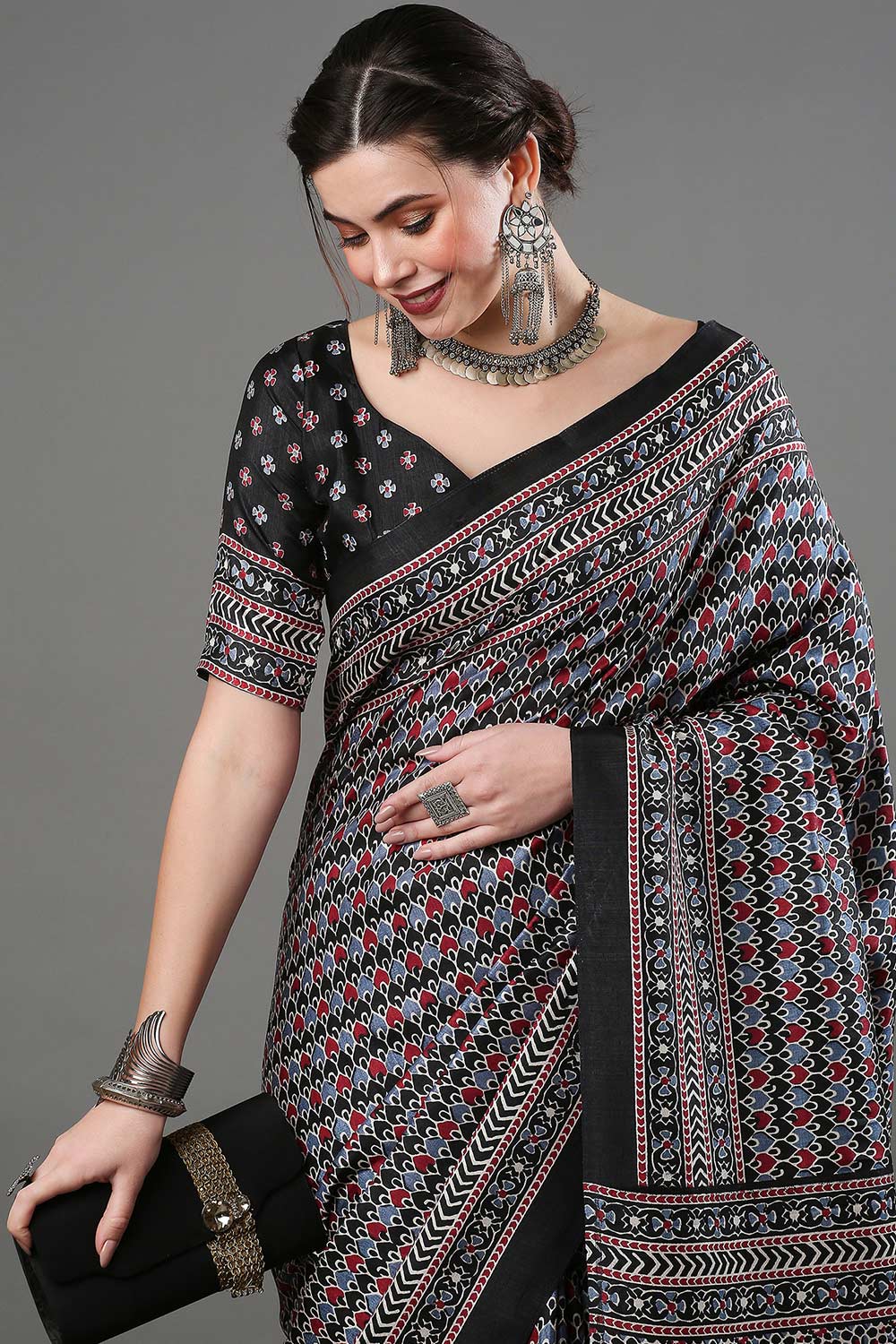 Buy Indra Black Silk Blend Block Print Ajrakh One Minute Saree Online - One Minute Saree