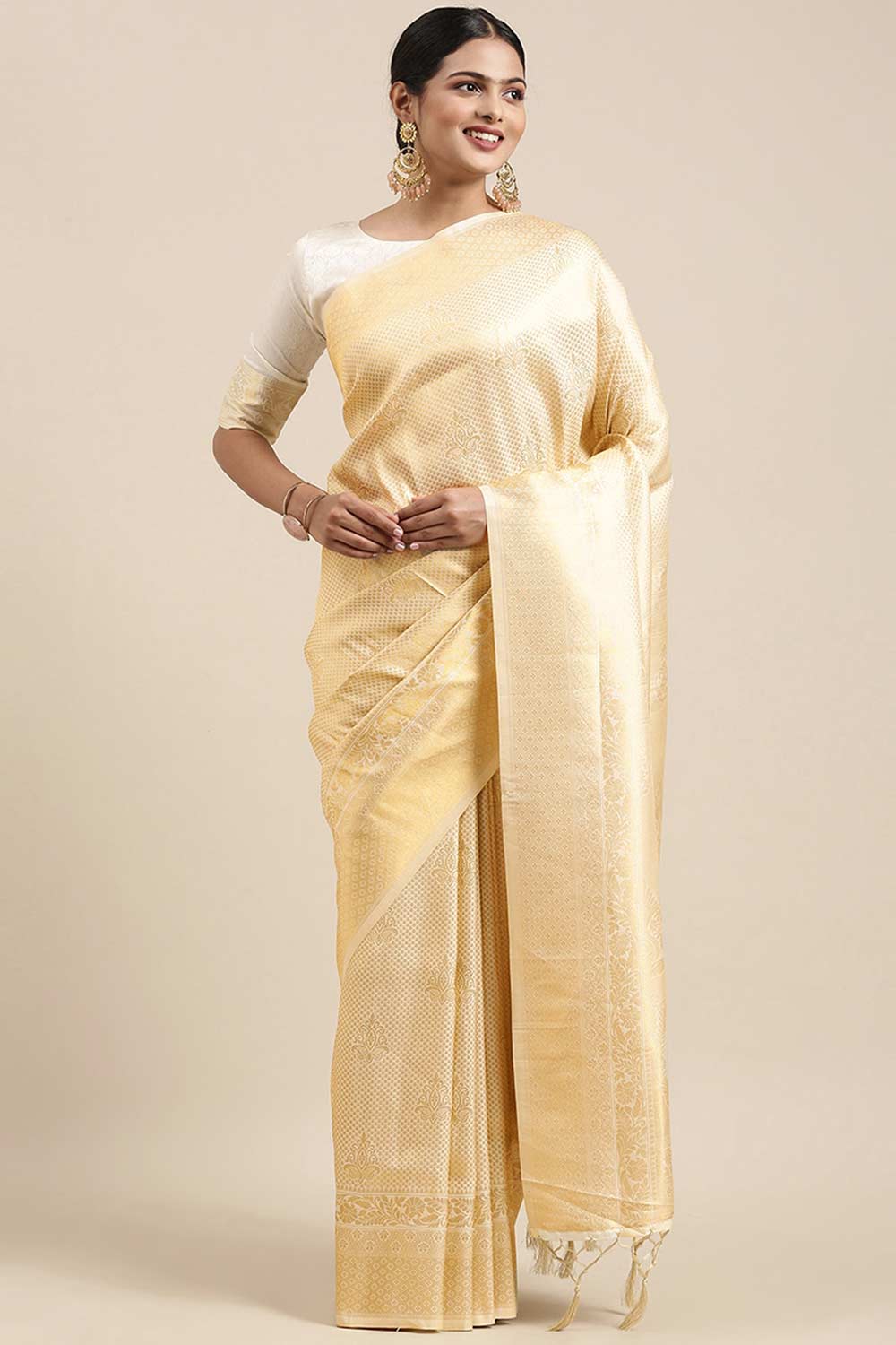 Buy Goldie Cream Art Silk Banarasi One Minute Saree Online - One Minute Saree