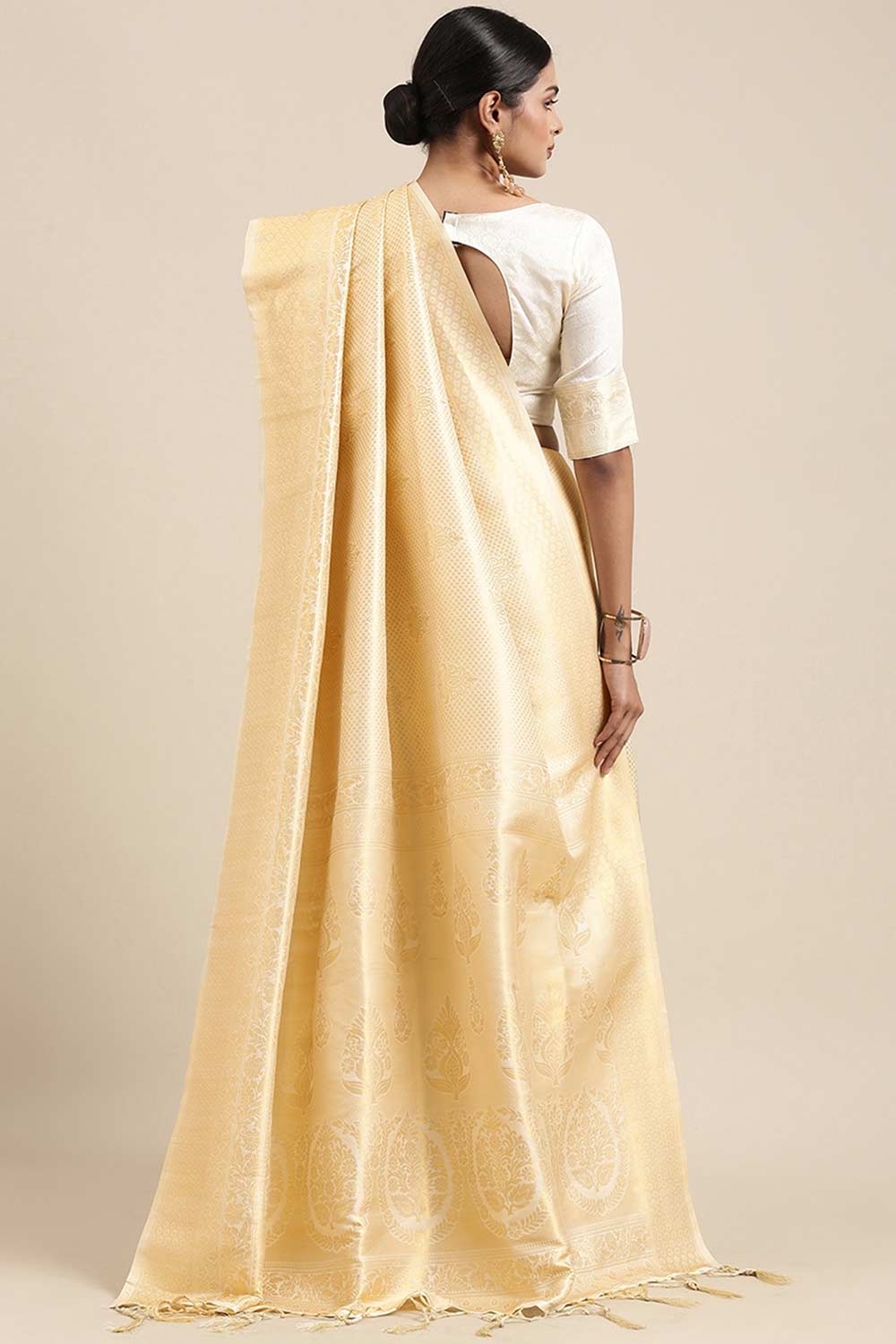 Shop Goldie Cream Art Silk Banarasi One Minute Saree at best offer at our  Store - One Minute Saree