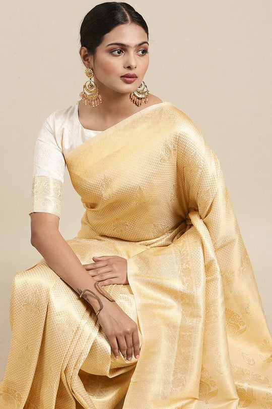 Buy Goldie Cream Art Silk Banarasi One Minute Saree Online