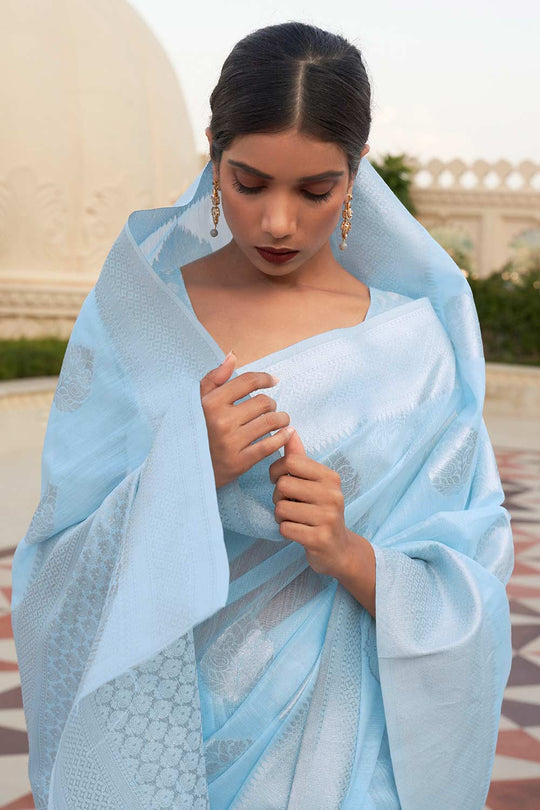 Shop Nadia Turquoise Pure Linen Floral One Minute Saree at best offer at our  Store - One Minute Saree