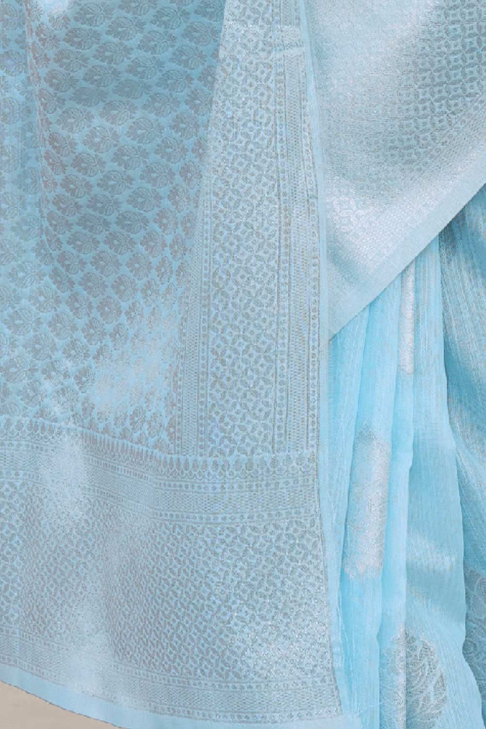 Buy Nadia Turquoise Pure Linen Floral One Minute Saree Online