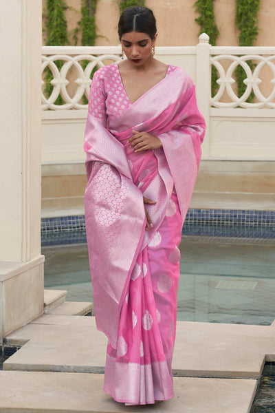 Buy Sarina Pink Pure Linen Floral Banarasi One Minute Saree Online - One Minute Saree