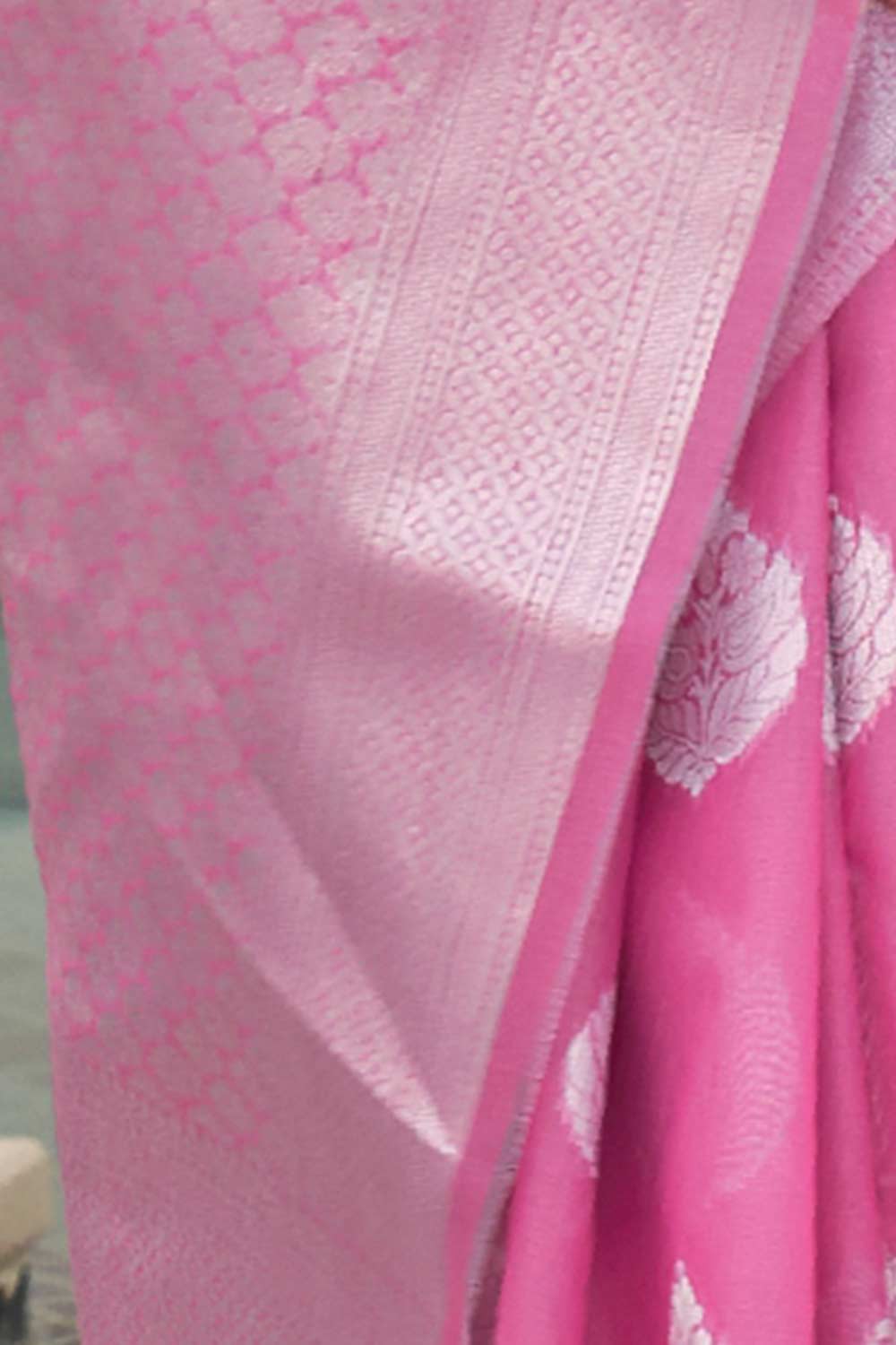 Buy Sarina Pink Pure Linen Floral Banarasi One Minute Saree Online