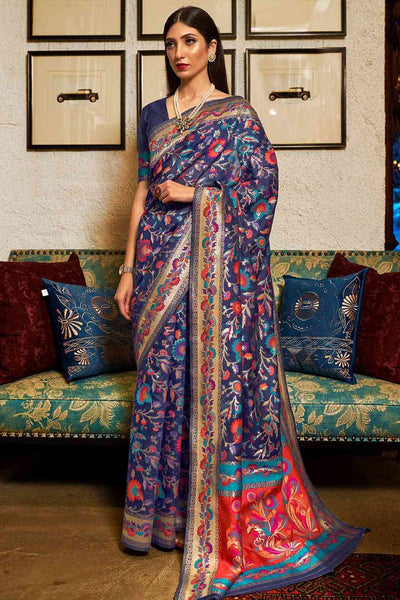 Buy Alina Navy Blue Modal Floral Woven Design Banarasi One Minute Saree Online - One Minute Saree