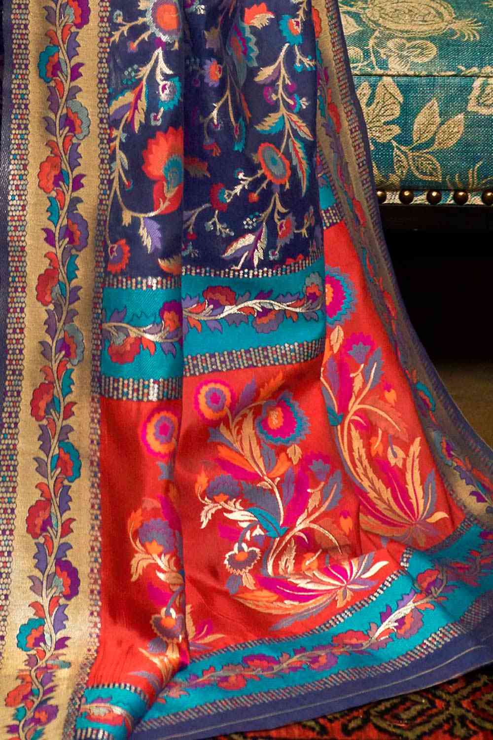 Buy Alina Navy Blue Modal Floral Woven Design Banarasi One Minute Saree Online