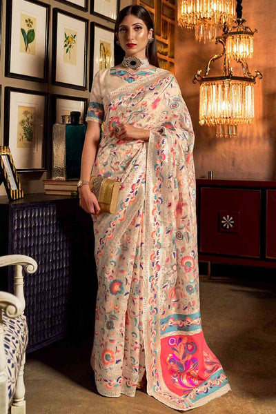 Buy Katya Cream Modal Floral Woven Design Banarasi One Minute Saree Online - One Minute Saree