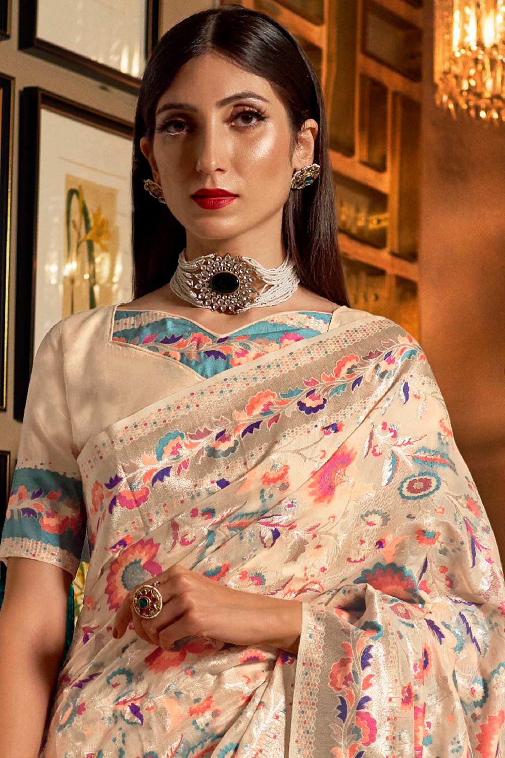 Shop Katya Cream Modal Floral Woven Design Banarasi One Minute Saree at best offer at our  Store - One Minute Saree