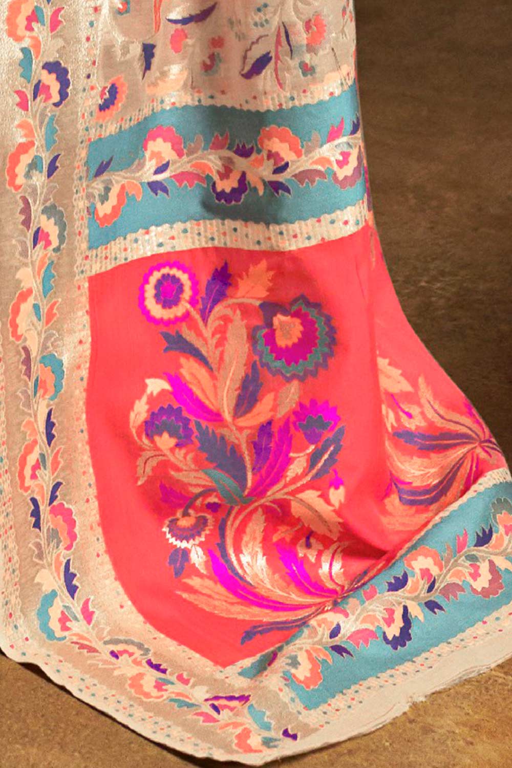 Buy Katya Cream Modal Floral Woven Design Banarasi One Minute Saree Online