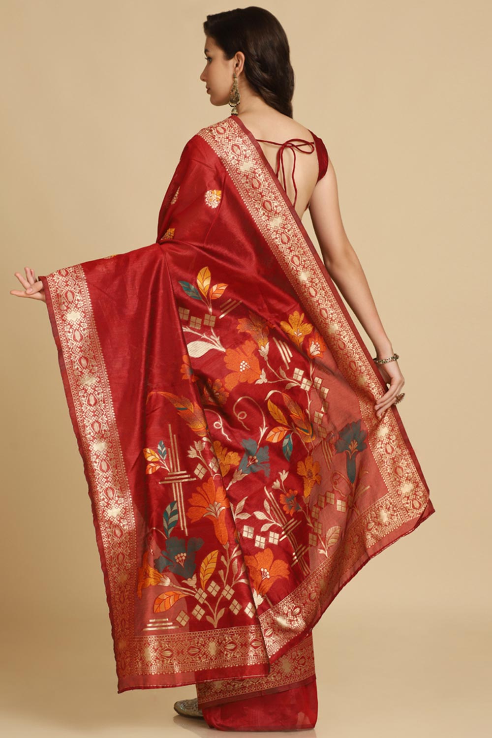 Buy Kabira Burgundy Resham Woven Art Silk One Minute Saree Online