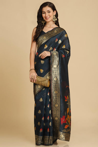 Buy Kabira Dark Teal Resham Woven Art Silk One Minute Saree Online - One Minute Saree