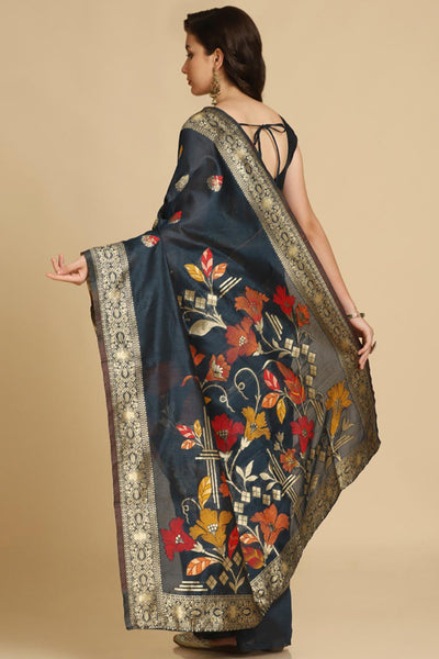 Buy Kabira Dark Teal Resham Woven Art Silk One Minute Saree Online