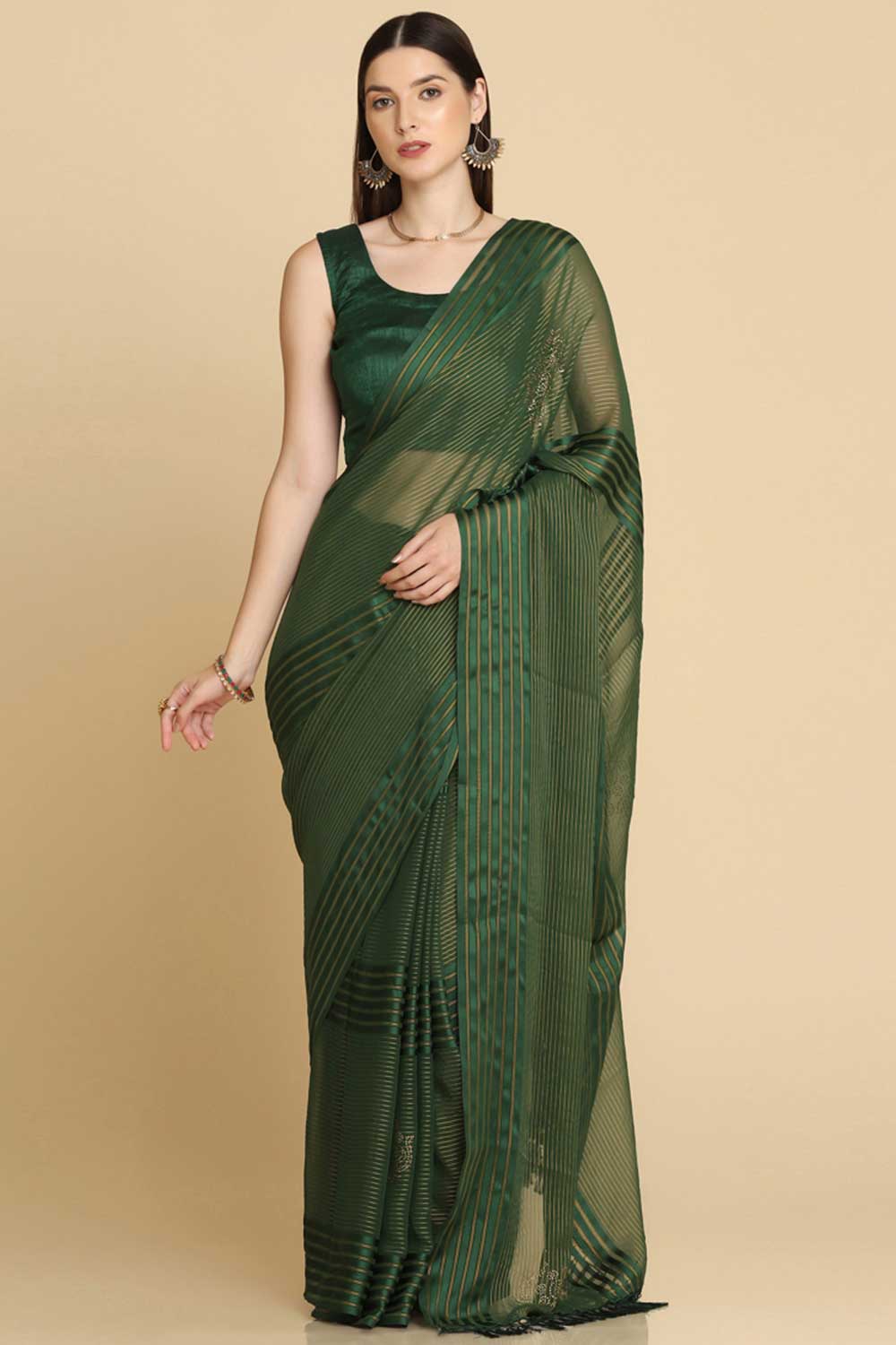 Buy Ila Green Chiffon Swarovski One Minute Saree Online - One Minute Saree