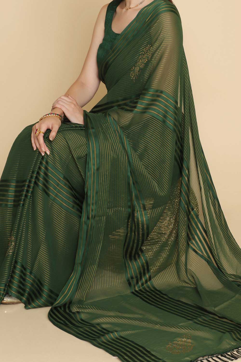 Shop Ila Green Chiffon Swarovski One Minute Saree at best offer at our  Store - One Minute Saree
