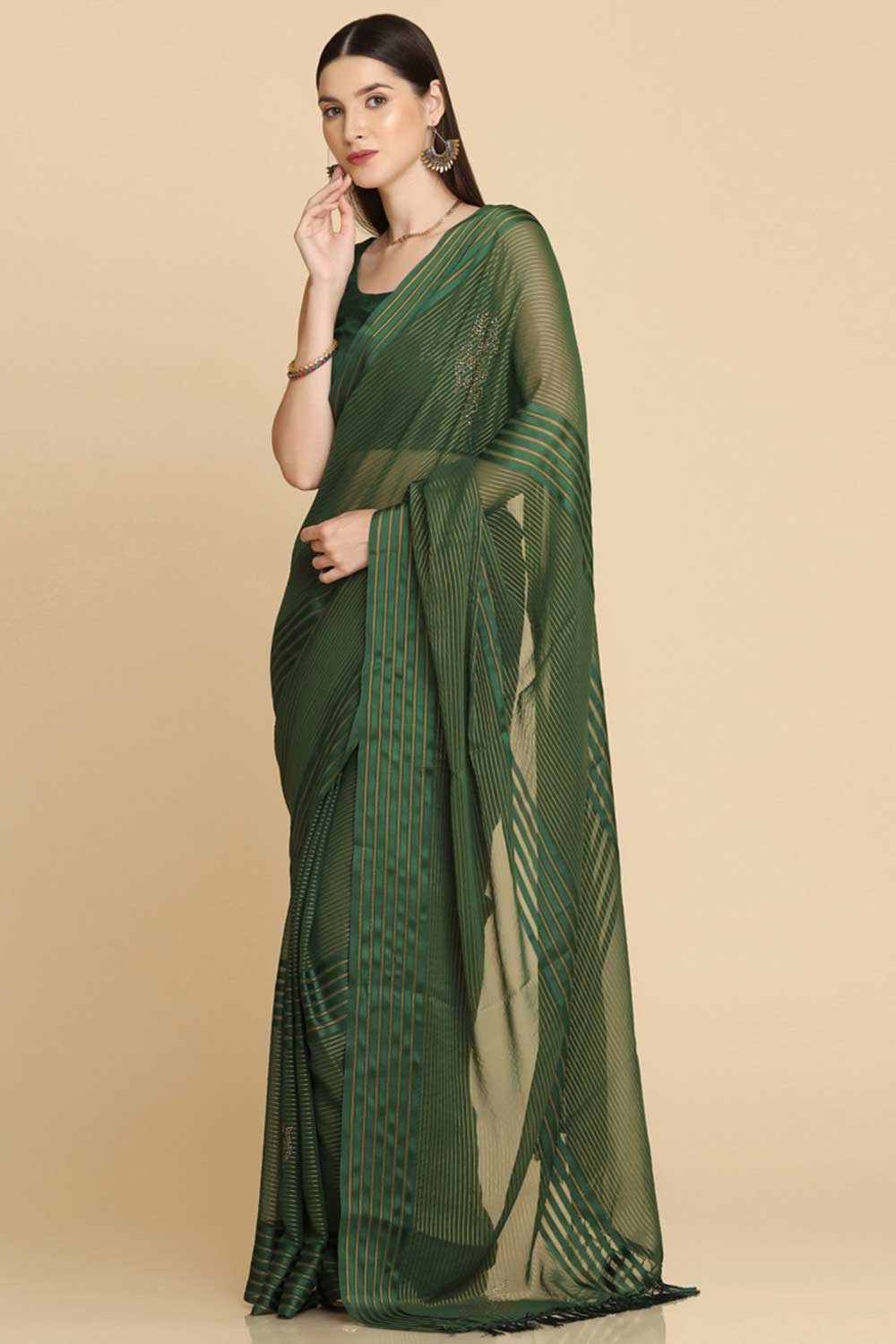 Buy Ila Green Chiffon Swarovski One Minute Saree Online - Side