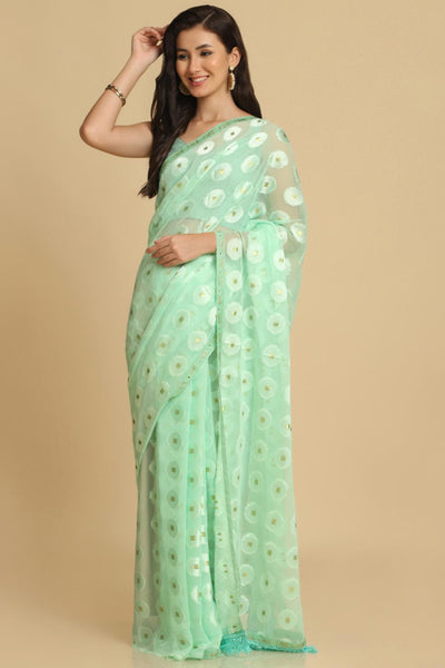 Buy Sana Turquoise Thread Work Chiffon One Minute Saree Online - One Minute Saree