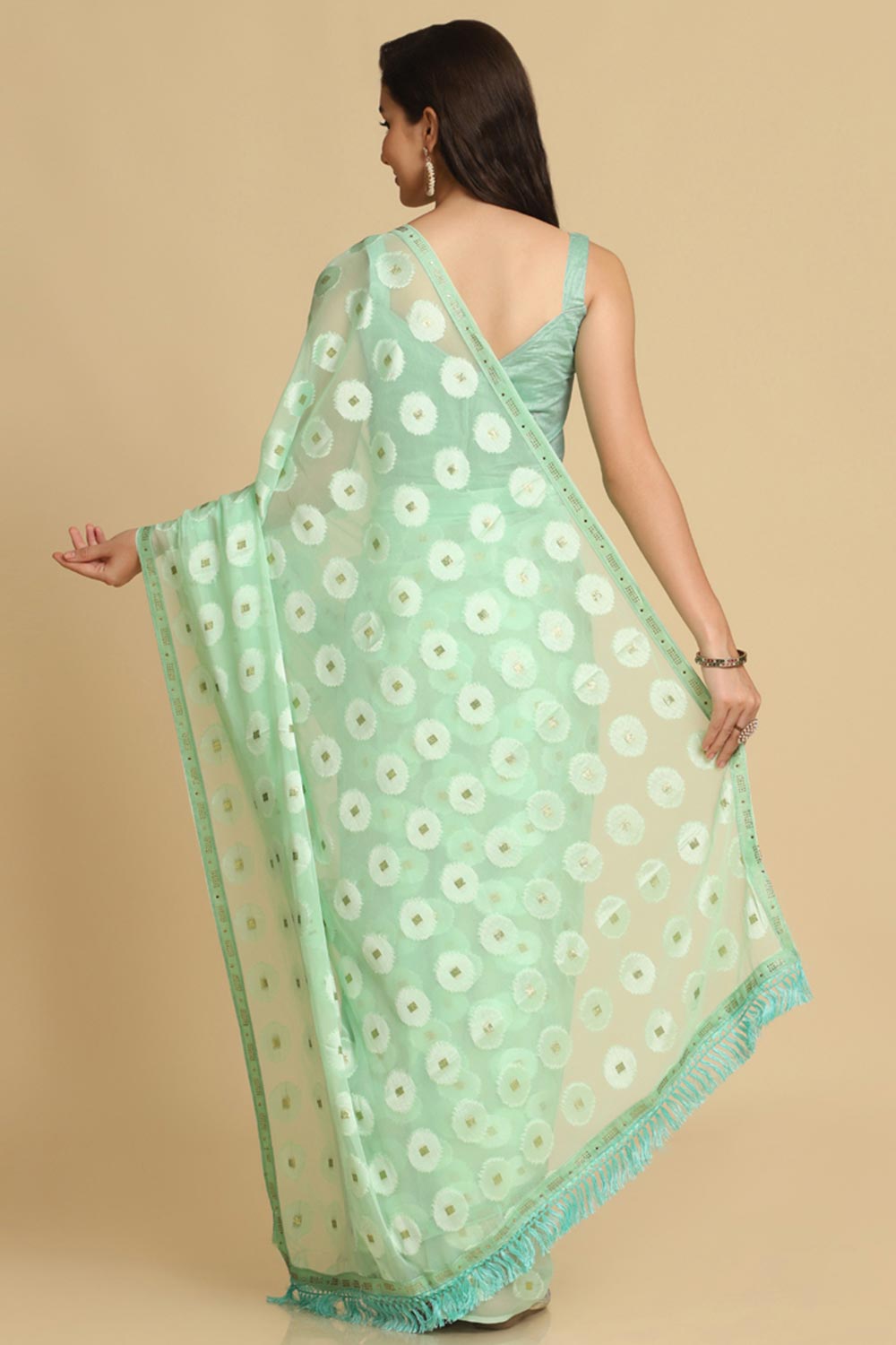 Buy Sana Turquoise Thread Work Chiffon One Minute Saree Online - Back