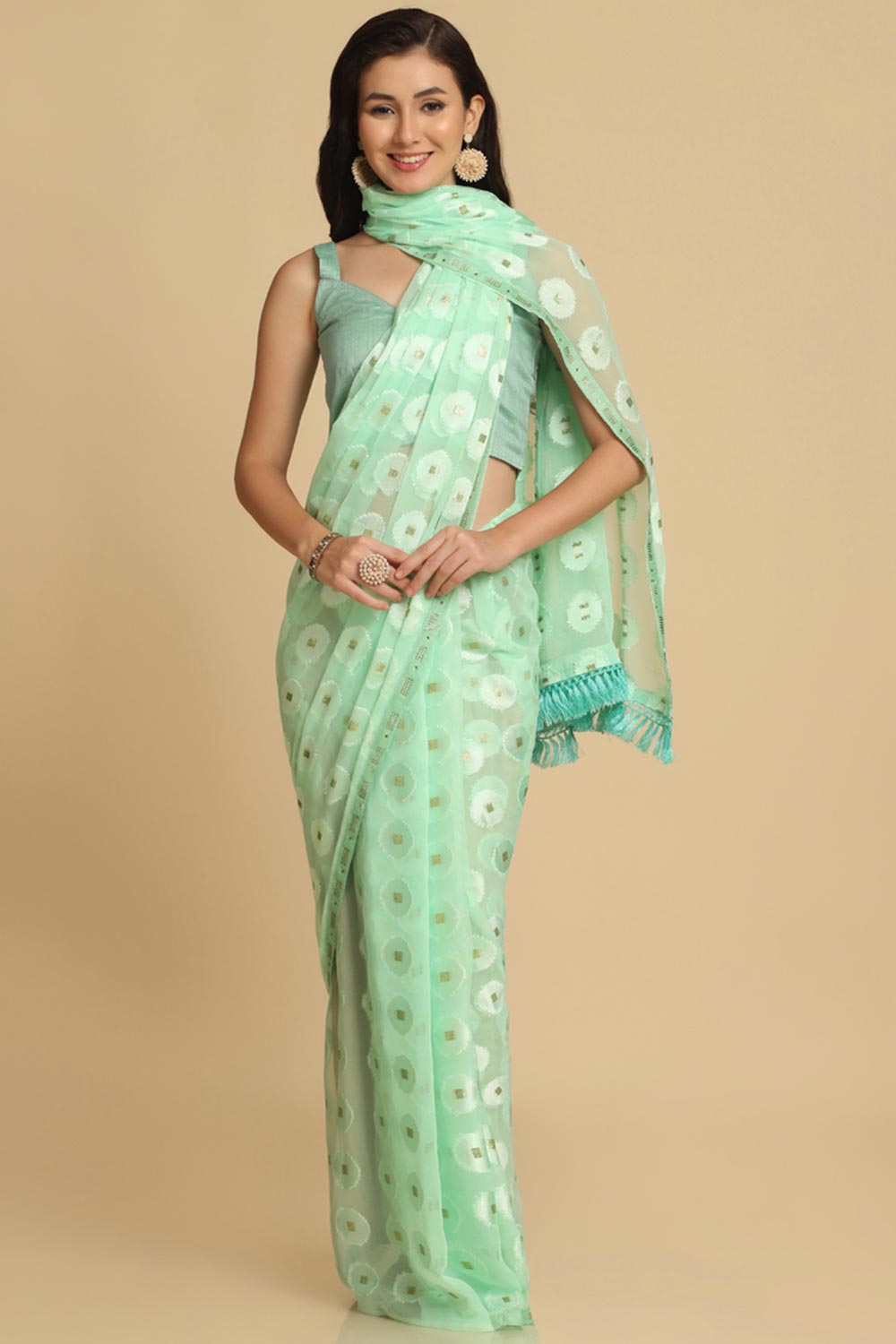Buy Sana Turquoise Thread Work Chiffon One Minute Saree Online - Side