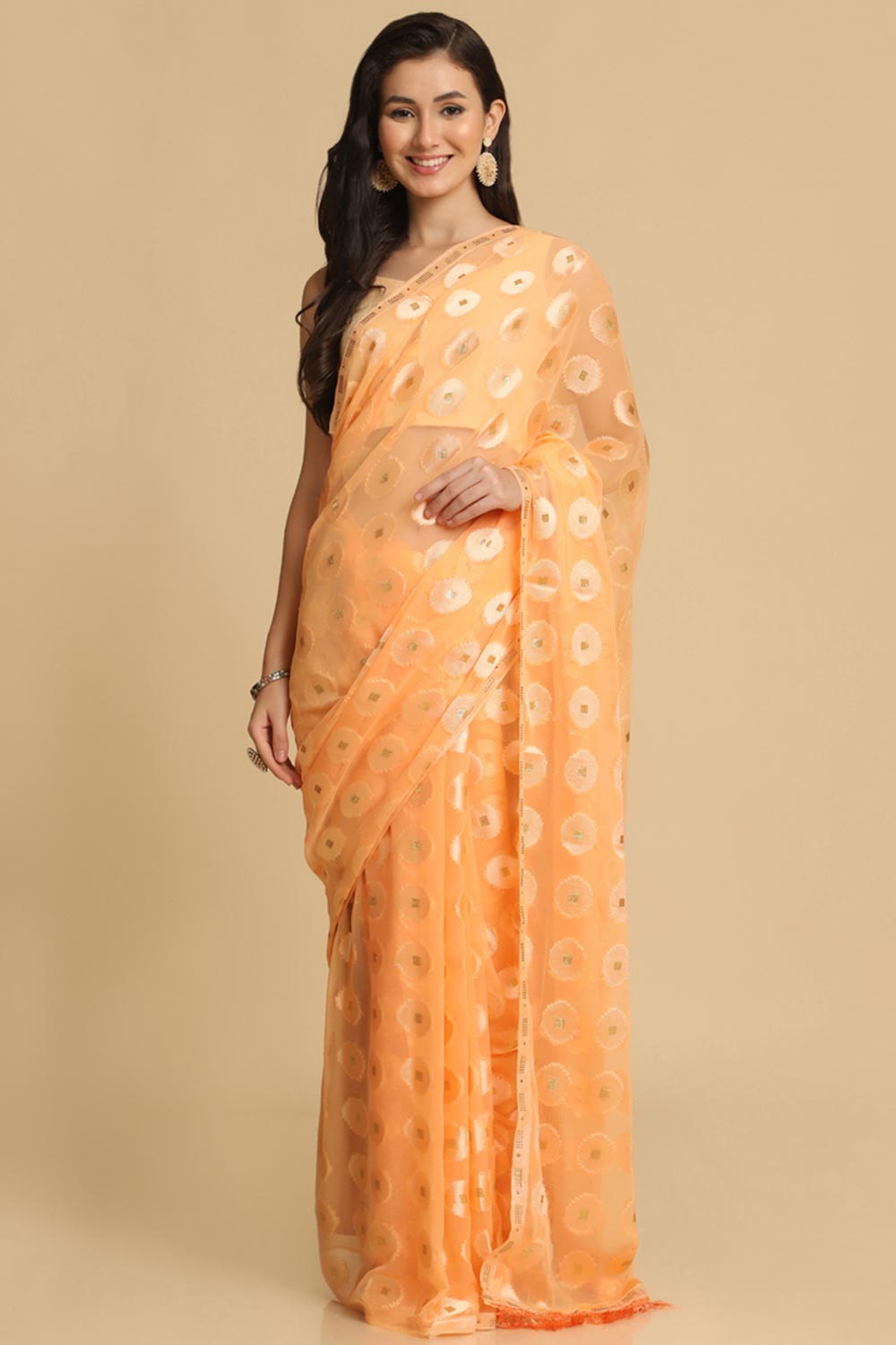 Buy Sana Light Orange Thread Work Chiffon One Minute Saree Online - One Minute Saree