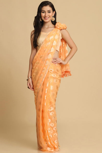 Buy Sana Light Orange Thread Work Chiffon One Minute Saree Online