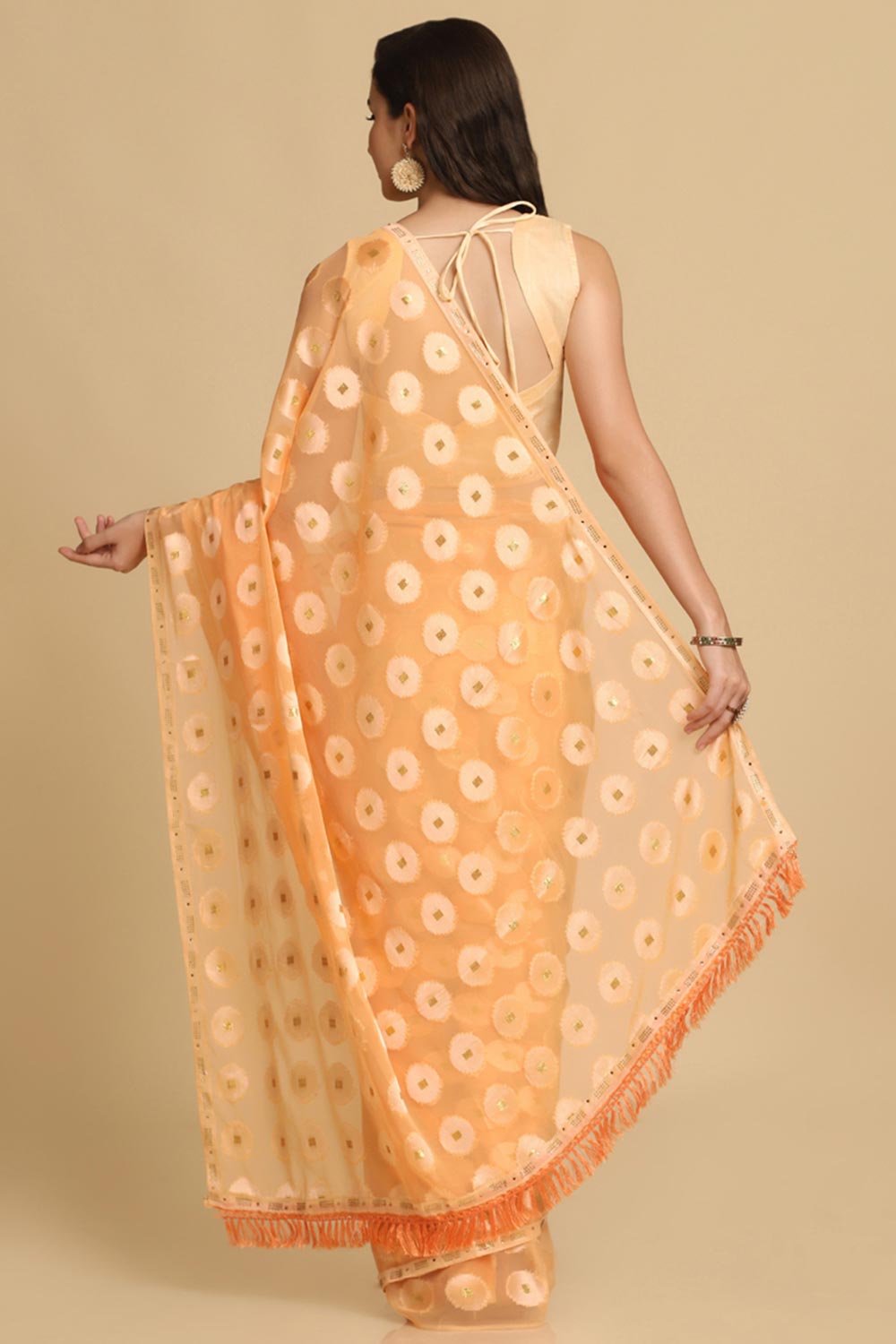 Buy Sana Light Orange Thread Work Chiffon One Minute Saree Online - Back
