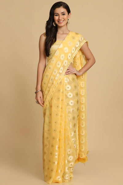 Buy Sana Light Yellow Thread Work Chiffon One Minute Saree Online - One Minute Saree