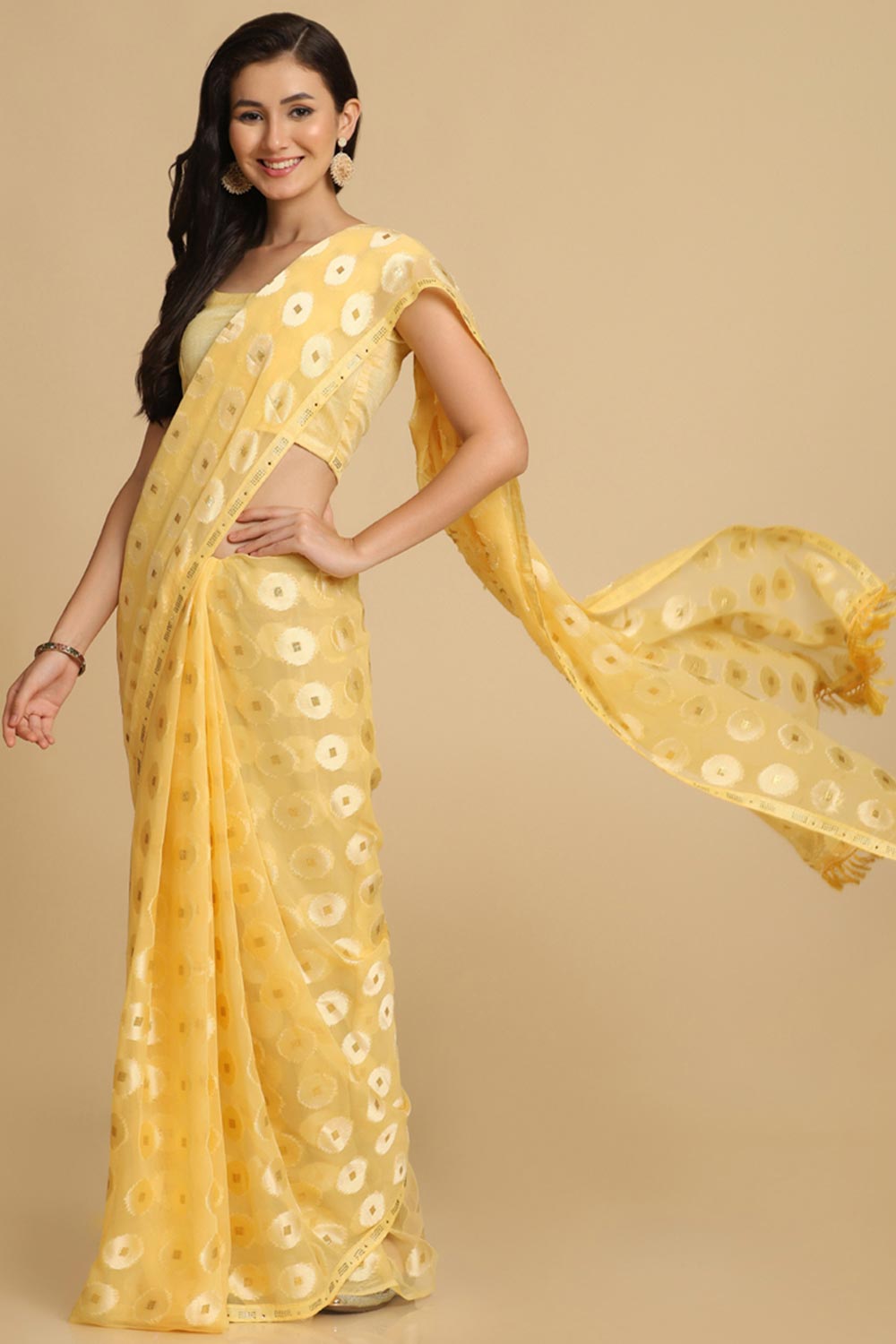 Shop Sana Light Yellow Thread Work Chiffon One Minute Saree at best offer at our  Store - One Minute Saree