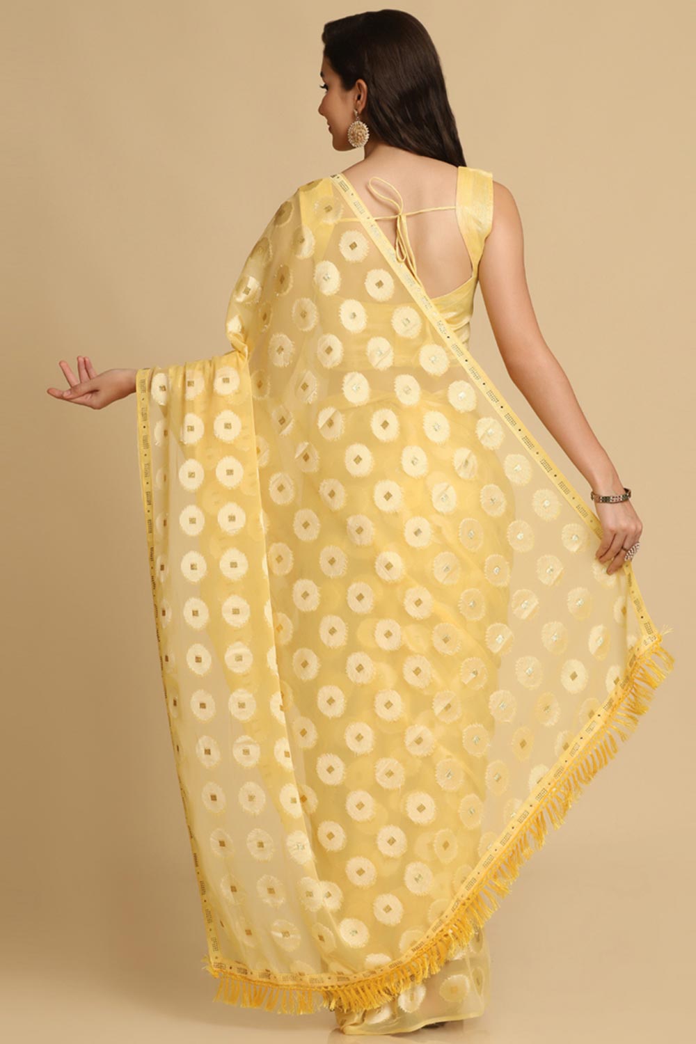 Buy Sana Light Yellow Thread Work Chiffon One Minute Saree Online - Back