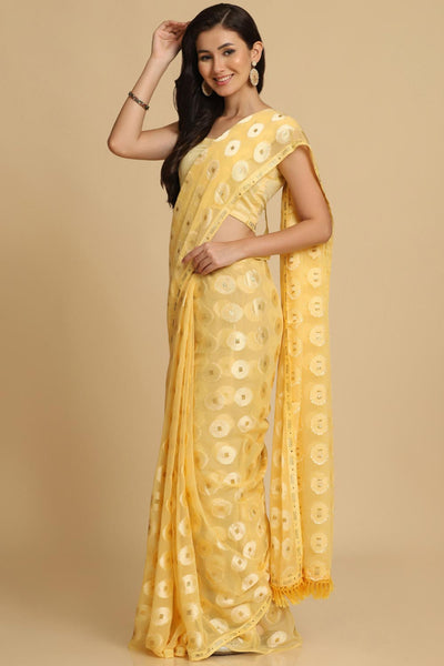 Buy Sana Light Yellow Thread Work Chiffon One Minute Saree Online - Front