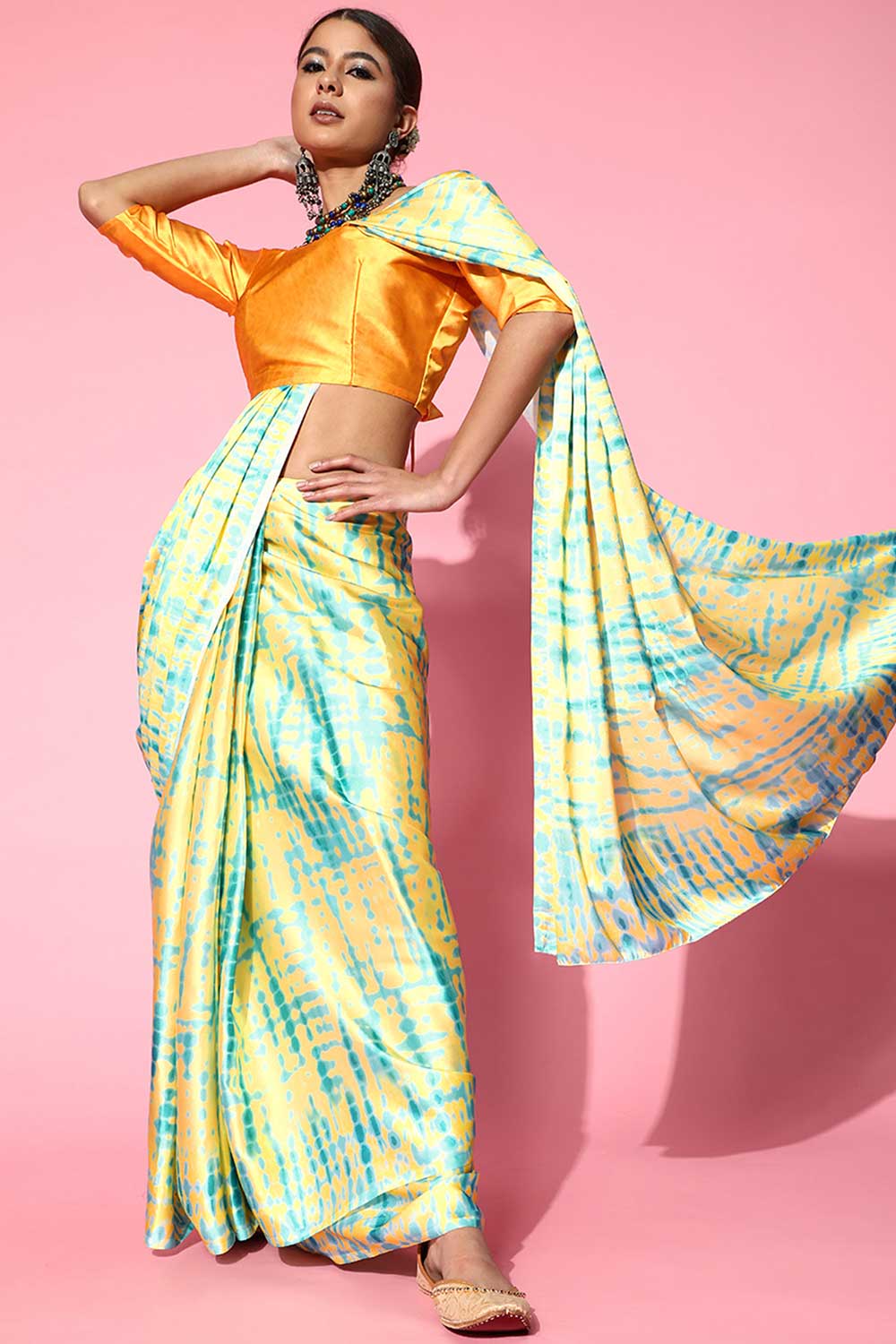 Jennie Yellow Tie and Dye Crepe One Minute Saree