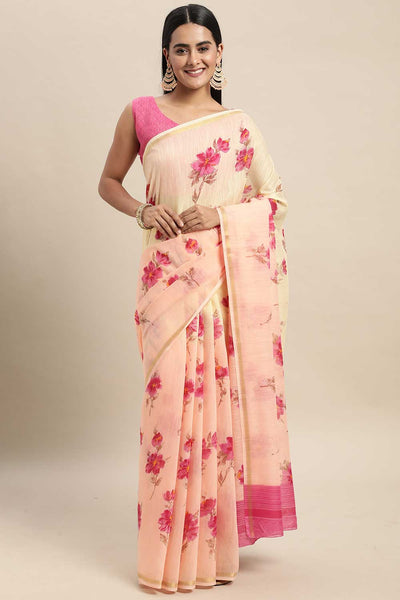Buy Thais Peach Linen Blend Floral Printed One Minute Saree Online - One Minute Saree