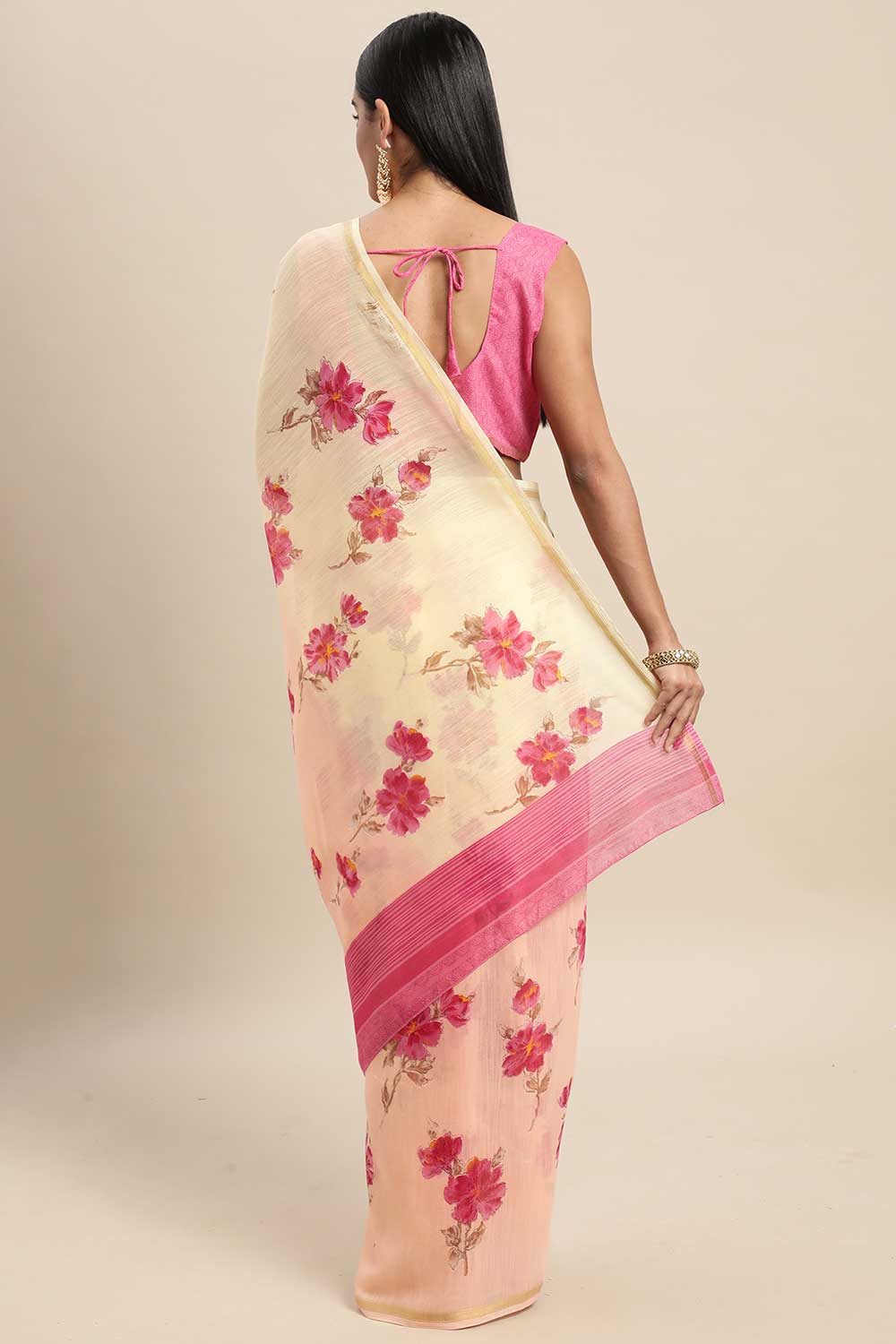 Shop Thais Peach Linen Blend Floral Printed One Minute Saree at best offer at our  Store - One Minute Saree
