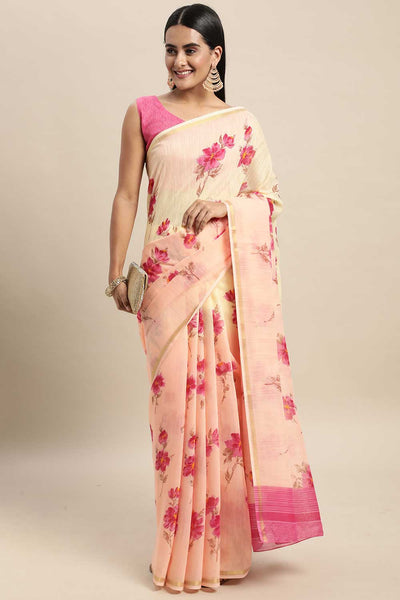 Buy Thais Peach Linen Blend Floral Printed One Minute Saree Online - Back