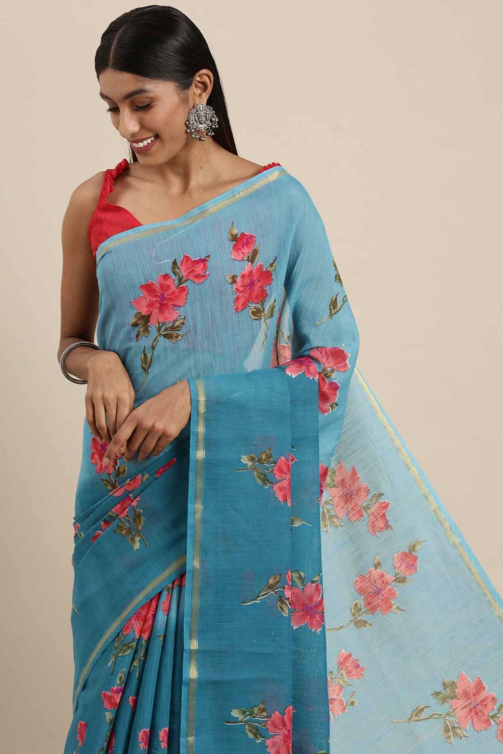 Teal Blue Linen Blend Banarasi Floral Printed One Minute Saree