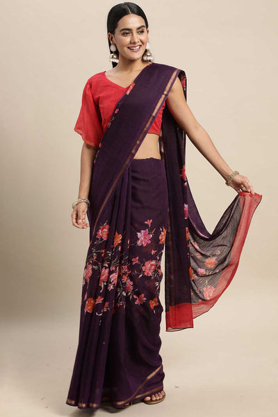 Buy Lola Purple Linen Blend Floral Printed One Minute Saree Online - One Minute Saree