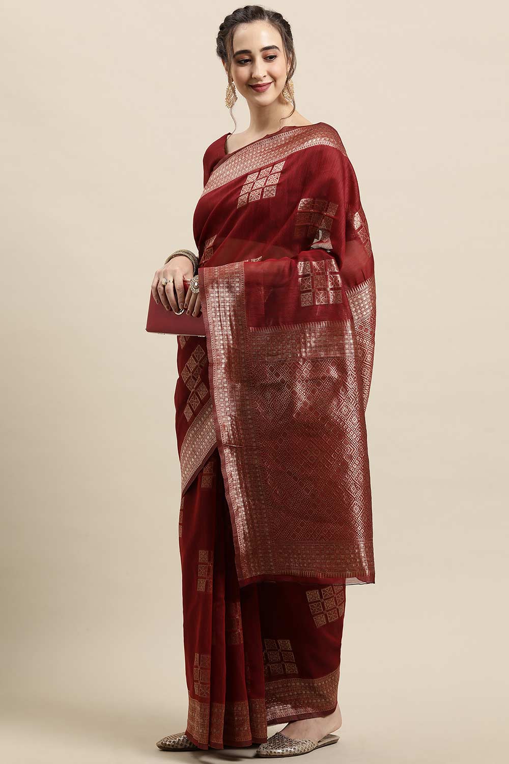 Buy Sula Burgundy Woven Linen One Minute Saree Online - Front
