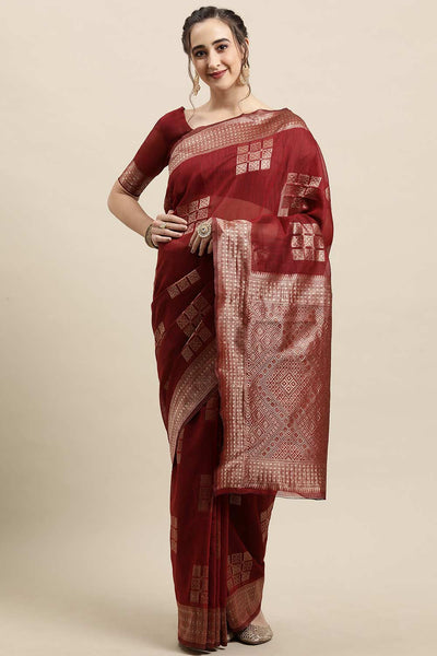 Buy Sula Burgundy Woven Linen One Minute Saree Online - One Minute Saree