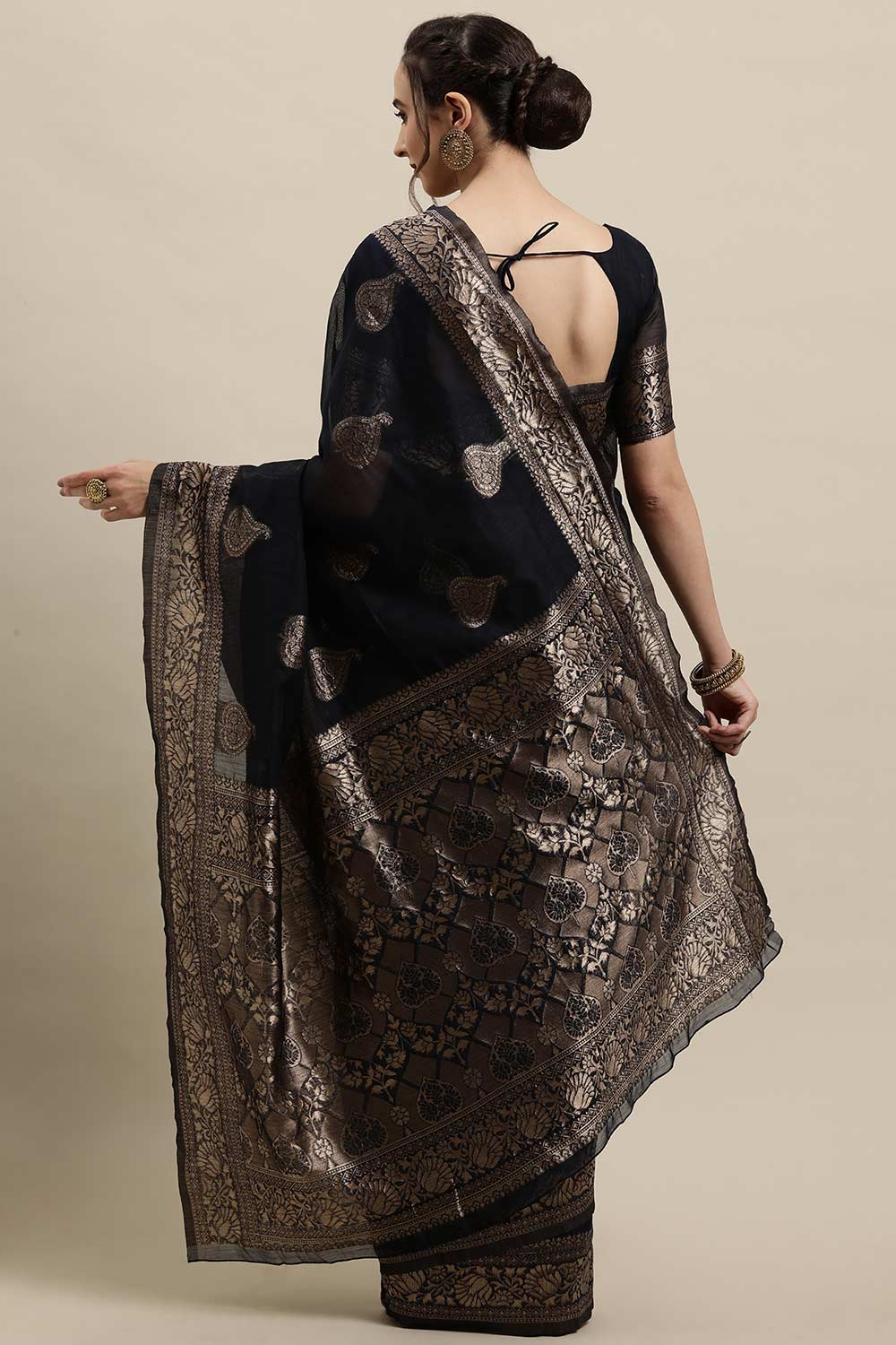Shop Natalia Navy Blue Woven Linen One Minute Saree at best offer at our  Store - One Minute Saree