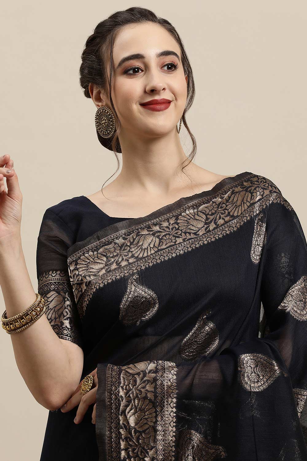 Buy Natalia Navy Blue Woven Linen One Minute Saree Online