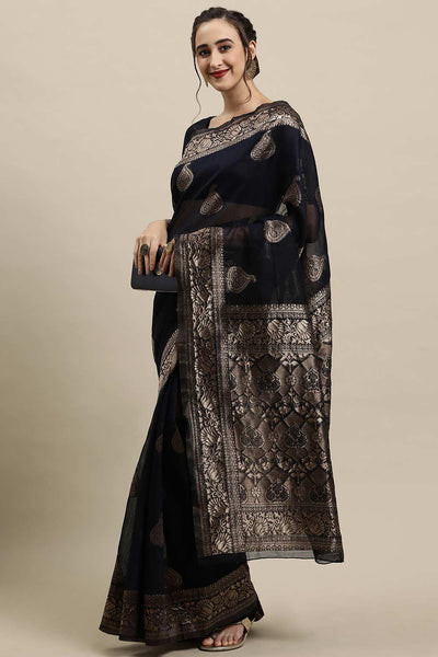 Buy Natalia Navy Blue Woven Linen One Minute Saree Online - Front