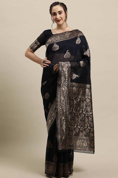 Buy Natalia Navy Blue Woven Linen One Minute Saree Online - One Minute Saree