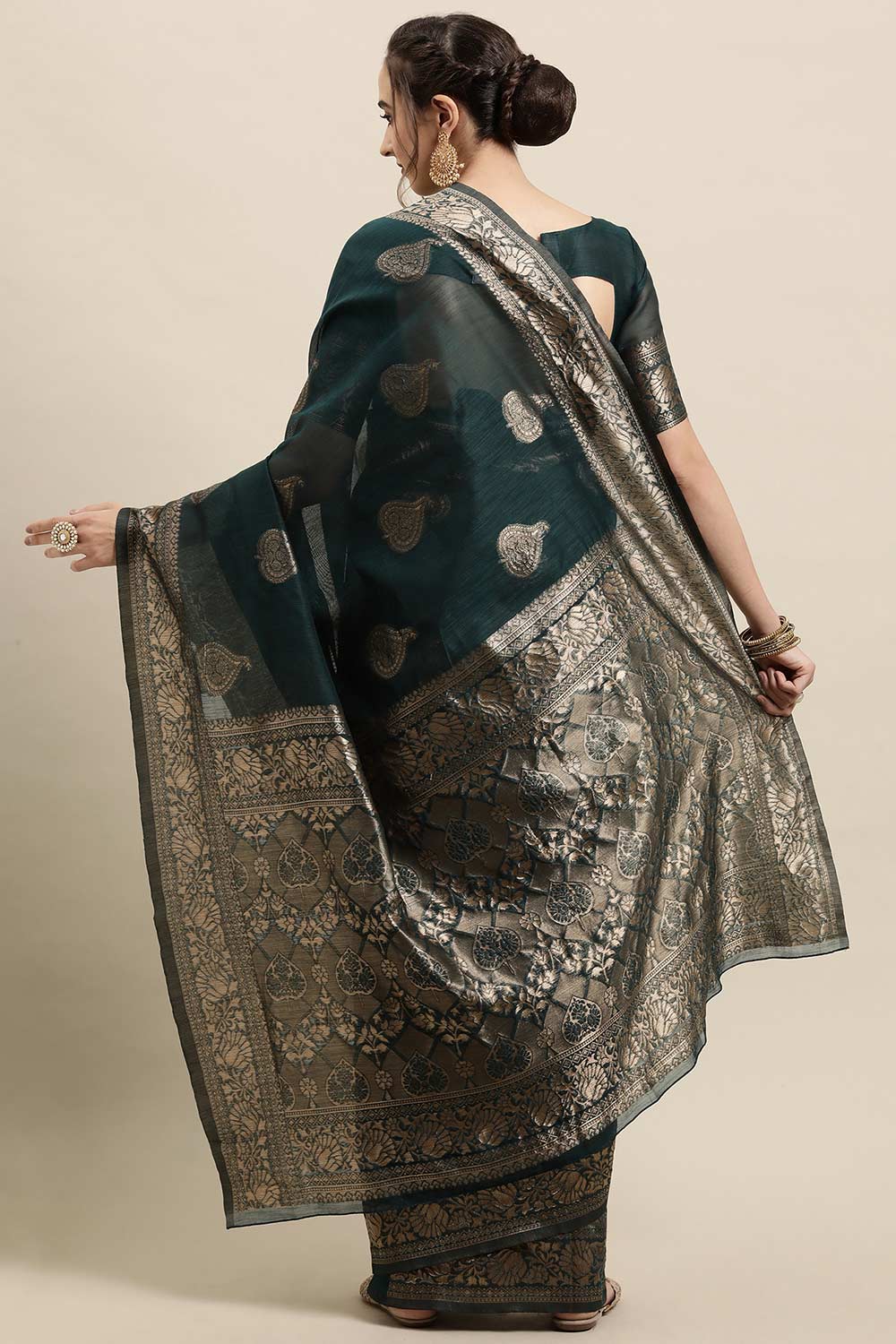 Shop Beatrix Green Woven Linen One Minute Saree at best offer at our  Store - One Minute Saree