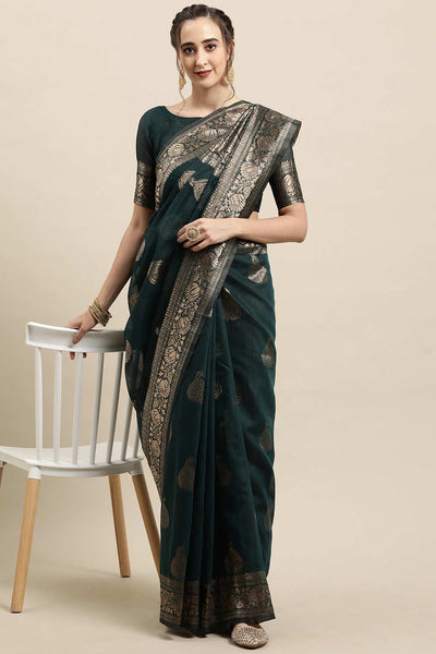Buy Beatrix Green Woven Linen One Minute Saree Online - One Minute Saree