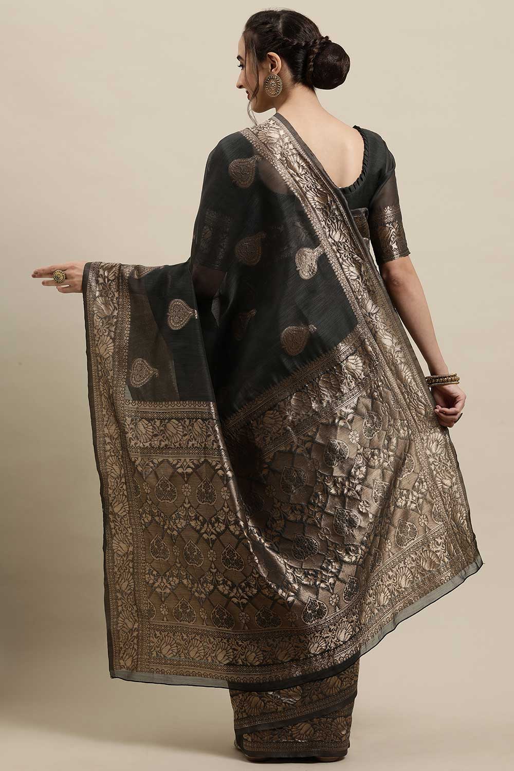 Shop Pia Grey Floral Woven Linen One Minute Saree at best offer at our  Store - One Minute Saree