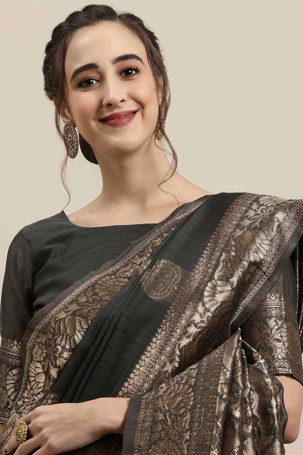 Pia Grey Floral Woven Linen One Minute Saree