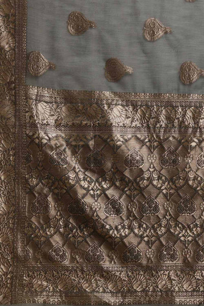 Buy Pia Grey Floral Woven Linen One Minute Saree Online - Back