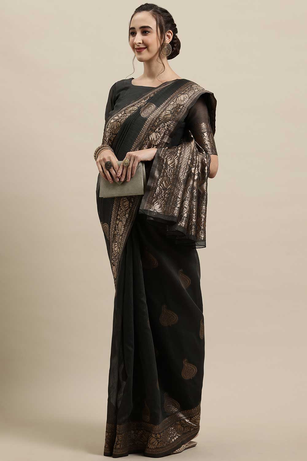 Buy Pia Grey Floral Woven Linen One Minute Saree Online - Front