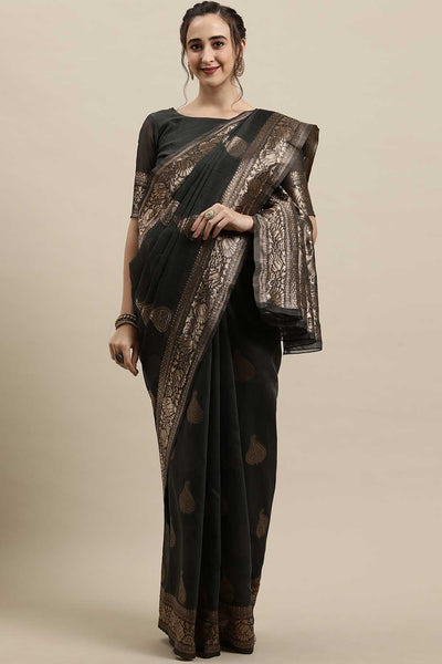Buy Pia Grey Floral Woven Linen One Minute Saree Online - One Minute Saree
